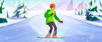 Wintertime activity and extreme outdoors snowboarding sport. Young man in warm sportive costume riding snowboard downhills. Sportsman training or relaxing on ski resort, Cartoon vector illustration. Winter time activity extreme snowboard sport fun