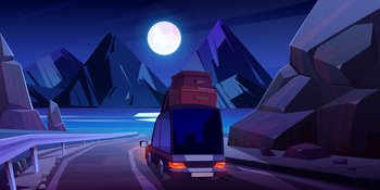 Night road trip by car, family travel on auto with bags on roof driving at mountains highway with beautiful seaview landscape under full moon. Summer journey to ocean, Cartoon vector illustration. Night road trip by car, family travel on auto