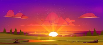 Cartoon nature landscape beautiful sunset at green field with pond, grass, rocks and conifers under purple sky with red clouds. Picturesque scenery background, natural dusk scene, Vector illustration. Cartoon nature landscape beautiful sunset at field