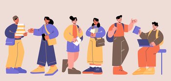 Students with books and gadgets. School, college or university girls and boys teenagers communicate, chat, work on laptop, prepare for exams. Classmates studying, Line art flat vector illustration. Students with books and gadgets. School girls boys