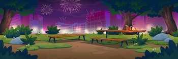 City park with wooden picnic table and firework display at night. Vector cartoon illustration of holiday celebration with summer landscape of public garden, town buildings and firecrackers. City park with picnic table and fireworks at night