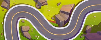 Top view of winding car road, mountain serpentine. Vector cartoon illustration of aerial view of summer landscape with curve asphalt highway, green grass and rocks. Top view of winding car road, mountain serpentine