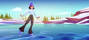 Girl skating on ice rink in park. Vector cartoon illustration of winter landscape with frozen lake or river, white snow, mountains, trees and woman in ice skates. Girl skating on ice rink in park