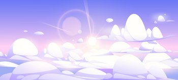Above clouds sky or heaven background, nature peaceful landscape with white and lilac cumulonimbus cloudscape and sun shine. Early morning abstract vivid view from airplane Cartoon vector illustration. Above clouds sky or heaven background, landscape