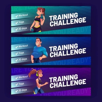 Training challenge posters with people in sportswear. Vector horizontal banners of sport activity with workout, yoga and fitness with cartoon girl holding dumbbells, woman jogging and man athlete. Training challenge posters with sport people