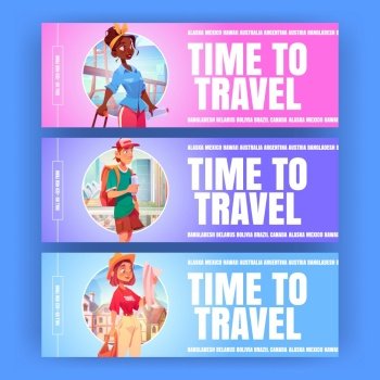 Time to travel cartoon banners. Tourists backpackers learning map searching way on world landmarks background. Travelers agency service flyers, summer vacation trip, adventure Vector illustration. Time to travel cartoon banners, tourists with map