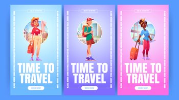 Time to travel banners with tourists with suitcase, backpack and map on cityscape background. Vector vertical posters of vacation trip, tourism with cartoon illustration of people travelers. Time to travel banners with tourists with suitcase
