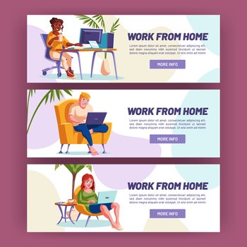 Work from home banners with people sitting in cozy chair with laptop. Vector horizontal posters of freelance, remote online job with cartoon illustration of men and women in home office. Work from home, freelance, remote job banners
