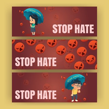 Stop hate cartoon banners, appeal to support community of Asia during pandemic. Cards with sad Asian boy and girl stand under rain of falling angry emoji. Racism, bullying and violence Vector concept. Stop hate cartoon banners, support Asian community
