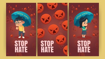 Stop Hate posters with asian kids under umbrellas and falling red angry emoji. Vector vertical banners of protest against racism and hatred with cartoon illustration of sad girl and boy from Asia. Stop Hate posters with sad asian kids