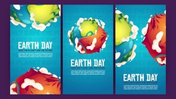 Earth day posters with green planet with dry part. Vector vertical banners of ecology protection, environment care with cartoon illustration of Earth globe with big dirty desert. Earth day posters with green planet with dry part