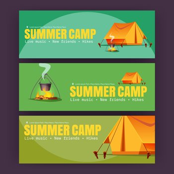 Summer camp posters with tent, bonfire and bowler on green background. Vector horizontal banners of hiking, vacation on nature with cartoon illustration of campsite with tent, cauldron and fire. Summer camp posters with tent, bonfire and bowler