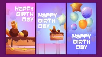Happy birthday greeting cards with balloons and chocolate cake. Vector posters of anniversary celebration, birthday party with cartoon illustration of colorful helium balloons and sweet dessert. Happy birthday cards with balloons and cake