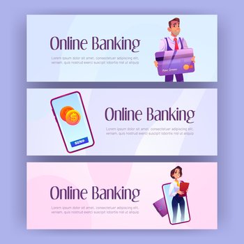 Online banking banners with man holding credit card and mobile phone with finance app. Vector horizontal posters of digital bank service with cartoon managers and smartphone. Online banking banners with bank app on phone