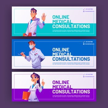 Online medical consultation cartoon ads banners, doctors greeting, gesturing with hand. Medicine, health care, hospital services ads background with clinic contact and place for information vector set. Online medical consultation cartoon ads banners