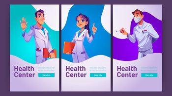 Health center medical ads web banners, online consultation service. Doctor waving hand invite in hospital Medicine online clinic appointment, cartoon background, Vector mobile app onboard screen pages. Health center medical ads web banners, medicine