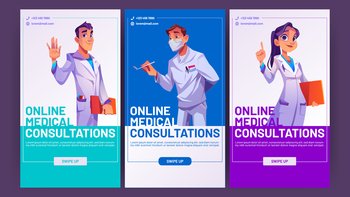 Online medical consultations banners with doctors, hospital or clinic professional staff. Vector social media template of telemedicine, digital service for health consult and diagnosis. Online medical consultations banners with doctors