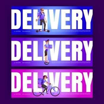 Delivery posters with couriers on bike, electric unicycle and skate. Vector banners of deliver service with cartoon illustration of people with backpack ride on bicycle, skateboard and monowheel. Delivery posters with couriers on bike and skate