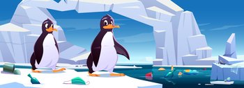 Penguins on ice floe with garbage floating in ocean water and scatter around. Wild animals at polluted nature North Pole. Save Earth ecological concept, sea pollution, Cartoon vector illustration. Penguins on ice floe with garbage float in ocean