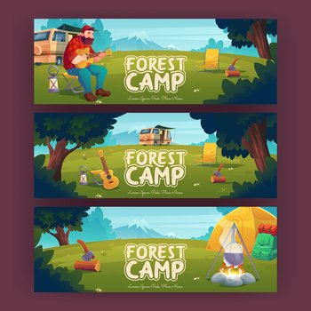 Forest camp posters with tent, bonfire and man with guitar. Vector horizontal banners of hiking, tourism with cartoon summer landscape with trees, mountains and campsite with fire, tourist and van. Forest camp posters with tent, bonfire and man