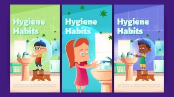 Hygiene habits posters with kids washing hands with soap. Vector banners of health care and prevention infection with cartoon illustration of children wash hands in sink and bacterias flying around. Hygiene habits posters with kids washing hands