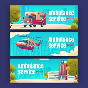 Ambulance service cartoon banners. Medical helicopter and car on urban cityscape background. Emergency hospital call, rescue team transport. Medicine aid, safety, Vector illustration, footer, header. Ambulance service cartoon medical banners set