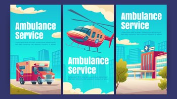 Ambulance service posters with hospital building, medical car and helicopter. Vector banners of emergency rescue, urgent first aid service with cartoon illustration of clinic and healthcare transport. Ambulance service with hospital, van, helicopter