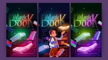 Magic book cartoon posters, young girl in night library or reader club with glowing volumes and sparkles flying around. Curious child reading in dark room with shelves or bookcases Vector illustration. Magic book cartoon posters, girl in night library