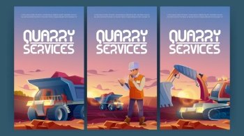 Quarry services posters with man in helmet, dumper and excavator in opencast mine. Mining industry engineer and machinery working at quarry, industrial technology Cartoon vector illustration, banners. Quarry services posters with dumper and excavator