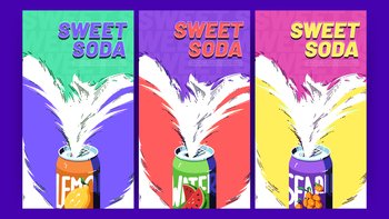 Soda ads posters with sweet drink splashing out of tin cans. Cold fresh juice or fruit water advertisement campaign, beverage promotional background in line art cartoon style, Vector illustration. Soda ads posters with sweet drink splashing of can
