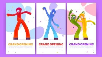 Grand opening promo posters with inflatable figures, dancing colorful men with funny faces, legs and arms. Balloon moving characters for outdoor promotion or decoration, Cartoon vector illustration. Grand opening promo posters with inflatable figure