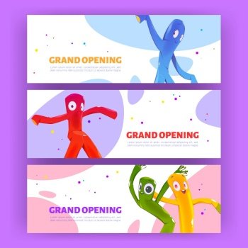 Grand opening posters with dancing inflatable tube men. Vector horizontal banners of event launch or shop open ceremony with cartoon funny air dancers with blowing wind. Grand opening posters with inflatable tube men
