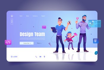 Design team cartoon landing page, designers adults and little schoolboy create projects on augmented reality interface screen and digital tablets. Creative courses, school, education Vector web banner. Design team cartoon landing page with designers