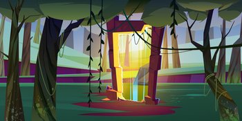 Magic portal in forest or jungle, mysterious landscape background with glowing gate entrance with yellow plasma in deep wood with trees and lianas. Fantasy game scene, Cartoon vector illustration. Magic portal in forest or jungle landscape scene