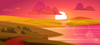Summer landscape with river and fields at sunset. Vector cartoon illustration of countryside with farmlands, green hills, lake with strait, road and sun on horizon at evening. Summer landscape with river and fields at sunset