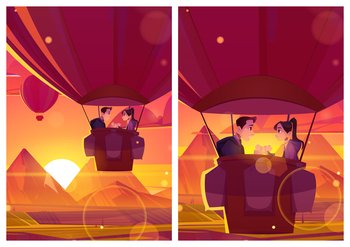Romantic posters with happy couple in hot air balloon basket at sunset. Vector flyers or greeting cards with cartoon illustration of love girl and man flying in airship above fields and mountains. Posters with happy couple in hot air balloon