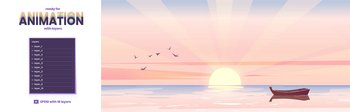 Sea landscape with wooden boat and rising sun on horizon at morning. Vector parallax background ready for 2d animation with cartoon illustration of sunrise seascape or ocean. Parallax background with boat in sea at sunrise