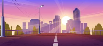 Overpass car road to city at sunset. Vector cartoon illustration of highway bridge with street lights, railings and summer cityscape with house buildings, skyscrapers, trees and sun at evening. Overpass car road to city at sunset