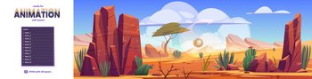 Desert of Africa natural background with layers ready for 2d game animation. African nature landscape tumbleweed rolling along hot dry deserted land with sand, cacti and rocks, Cartoon illustration. Desert of Africa natural background with layers