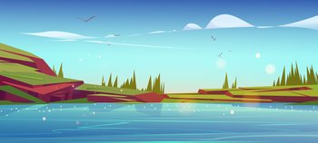 Summer nature landscape with lake, green grass on rocks and conifers trees. Scenery pond with blue clear water and spruces under blue sky with clouds and flying birds, Cartoon vector background. Summer nature landscape with lake, green grass
