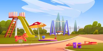Kids playground at sunny weather, empty children area with slides, sandbox and swings for playing and recreation fun. Park, garden or house backyard, kindergarten field, Cartoon vector illustration. Kids playground at sunny weather, children area