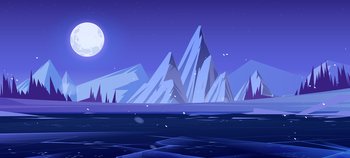 Winter landscape with ice rink, forest and mountains at night. Vector cartoon illustration of nordic nature scene with frozen lake, coniferous trees, snow, rocks and full moon sky. Winter landscape with ice and mountains at night