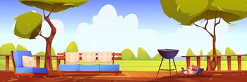 Outdoor home terrace, wooden patio with bbq, logs, sofa and armchair, green trees and lawn view. Area for relaxation on wood floor on scenery nature landscape background Cartoon vector illustration. Outdoor home terrace, wooden patio with bbq, logs