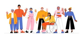 Group of multiracial people, girl in wheelchair, lgbt person and elderly woman . Concept of multiracial and multicultural community. Vector flat illustration of diverse characters. Multiracial people, girl in wheelchair, lgbt