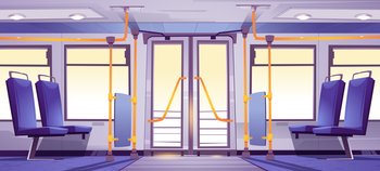 Empty bus interior with seats and handrails. Vector cartoon illustration of public transport cabin inside, passenger vehicle with blue chairs, doors and windows. Empty bus interior with seats and handrails