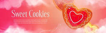 Sweet cookies banner with biscuits in heart shape with icing. Vector horizontal poster for Valentines day or romantic gift with pastry dessert, gingerbread cookies with frosting and sprinkle. Sweet cookies banner with biscuits in heart shape