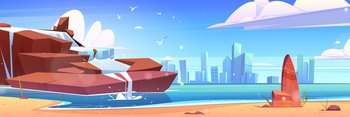 Waterfall on sea beach and city buildings on skyline. Vector cartoon illustration of summer seascape with water falling from rocks, sand shore and town skyscrapers on island on skyline. Waterfall on sea beach, city buildings on skyline