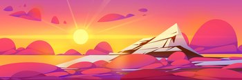 High mountain top landscape at sunset. Vector cartoon illustration of rock range summit scene with evening sun and peak with snow and ice above red soft clouds. High mountain top landscape at sunset