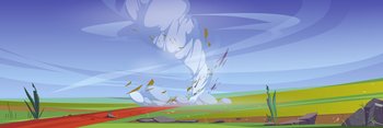 Tornado on fields with green grass and road. Vector cartoon illustration of natural disaster with storm wind swirls on summer rural landscape. Countryside scene with twister. Tornado on fields with green grass and road