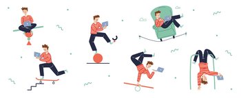 Man work on laptop and keep balance in different poses. Vector flat illustration of person worker handstand on seesaw, hanging upside down and riding on skateboard. Man work on laptop and balance in different poses